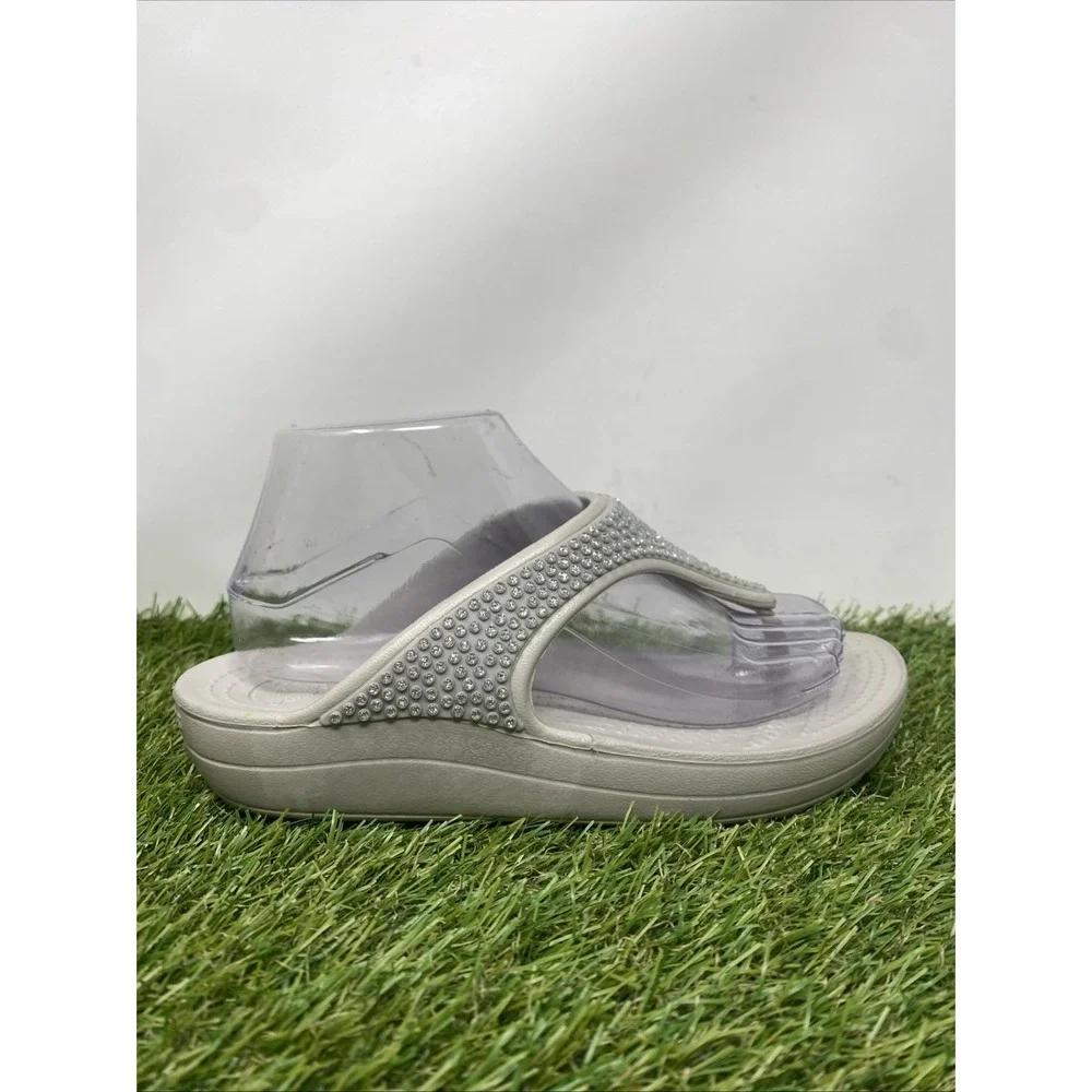 Crocs Sandals Womens 8 Gray Sloane Diamante Embellished Wedge Flip Flops Thong